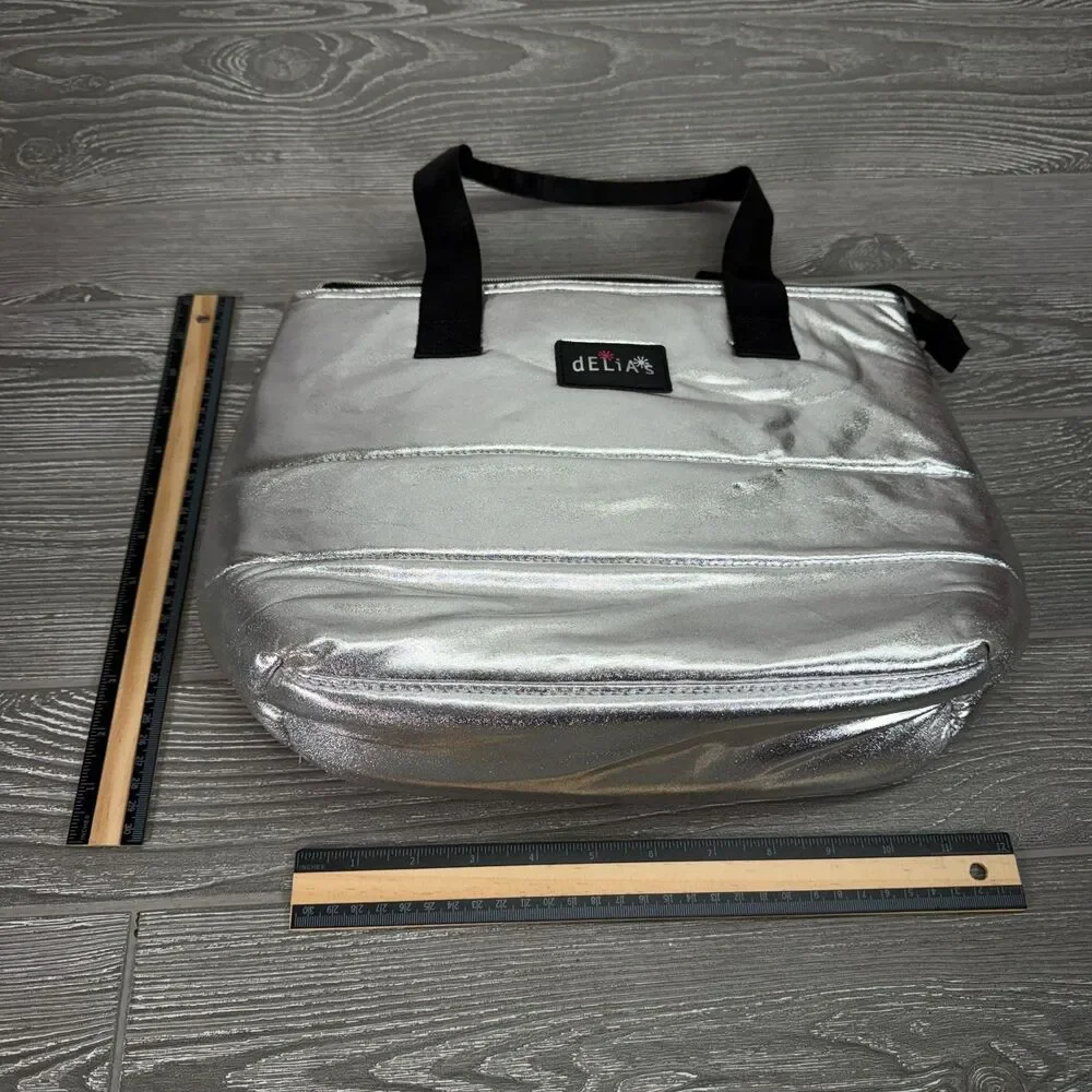 Delia's Insulated Lunch Tote Bag Shoulder Strap Quilted Metallic Silver dELiA*s